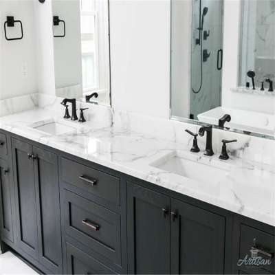 Black sparkle quartz vanity top with ceramic sink bath vanity